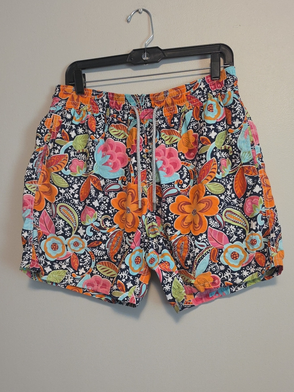 Vilebrequin Navy Floral Drawstring Athletic Shorts with Orange & Pink Accents